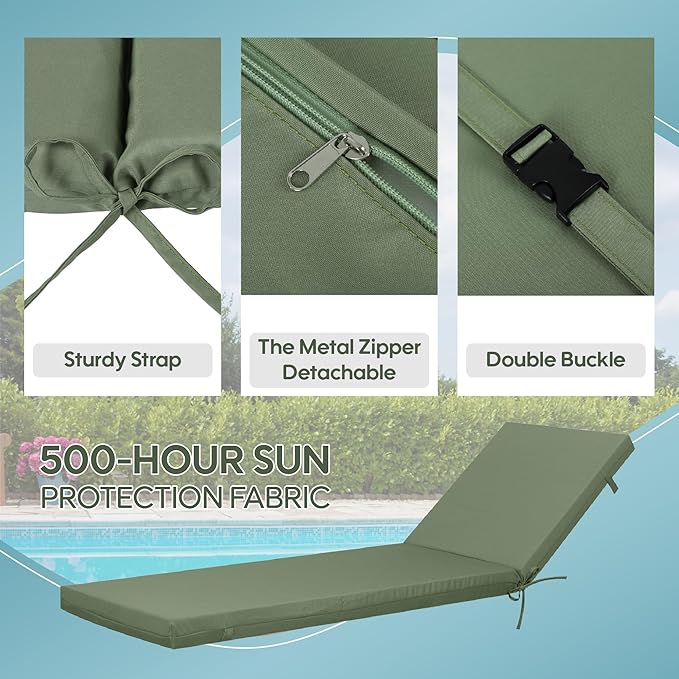 Only choice Outdoor Chaise Lounge Cushion Set of 2, 75" x 24" Lounge Chair Cushion Water-Resistant & Fade-Resistant for Lawn, Pool, Replacement Seat Cushion for Patio (Oliver Green)