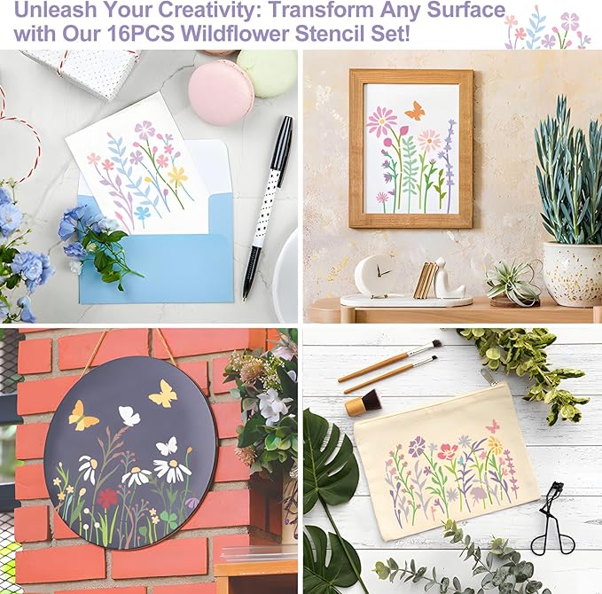 16 Pieces Wildflower Stencils for Painting on Wood, Reusable Flower Paint Templates with Nature Plant Pattern, 4.7 x 5.9 Inch DIY Craft Stencils for Wall Home Decor