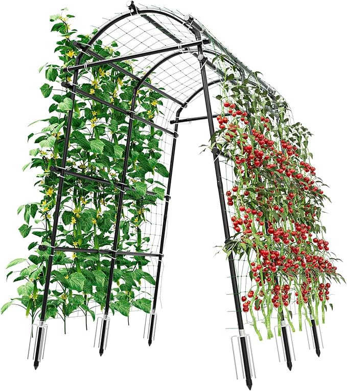 SPECILITE Garden Arch Trellis 88.58" Extra Tall for Climbing Plants Outdoor, Steel Stainless Arched Arbors Tunnel Trellis with Netting, Metal Cable Ties for Cucumber Tomato Pea Vines Fruit