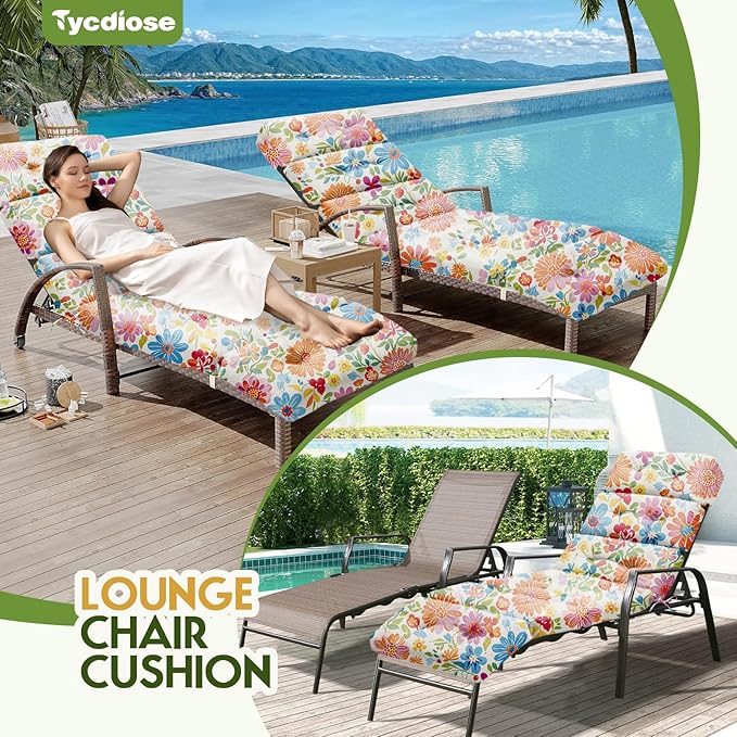 All Weather Chaise Lounge Cushions Outdoor Lounge Chair Cushion, Waterproof Memory Foam Chaise Lounger Chair Cushion for Outdoor Patio Furniture with Non-Slip Back and Ties, Colorful Daisy