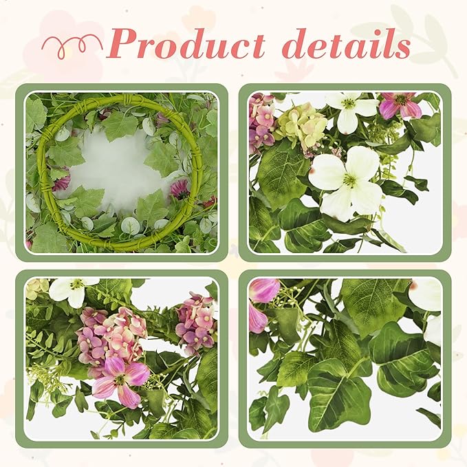 YNYLCHMX 18" Spring Summer Wreaths for Front Door, Artificial Floral Wreath with Pink Hydrangea Green Eucalyptus Leaves, Green Foliage Wreath for Wall Window Farmhouse Party Holiday Home Decor