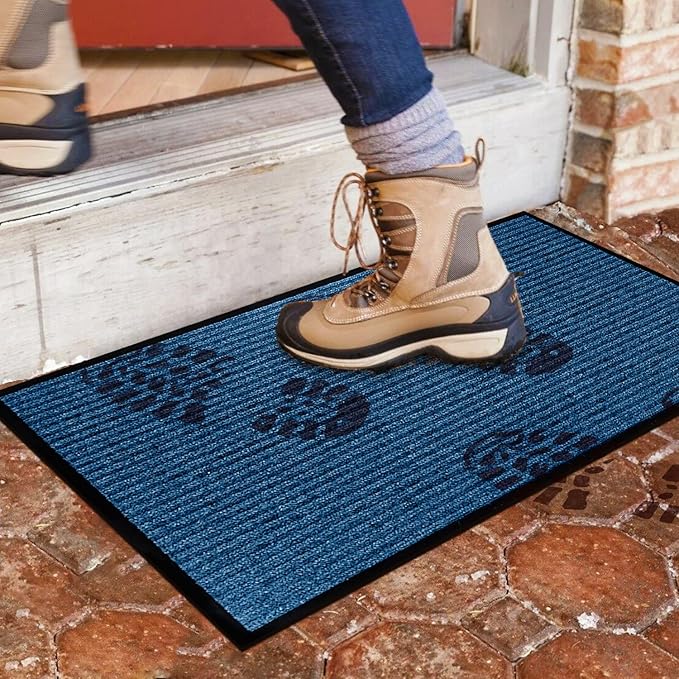 LuxUrux Durable Rubber Door Mat - Heavy Duty, Indoor/Outdoor, Easy to Clean, Waterproof, Low-Profile Mat for Entry, Patio, Garage - High Traffic (17'' x 30'', Striped Blue Design)