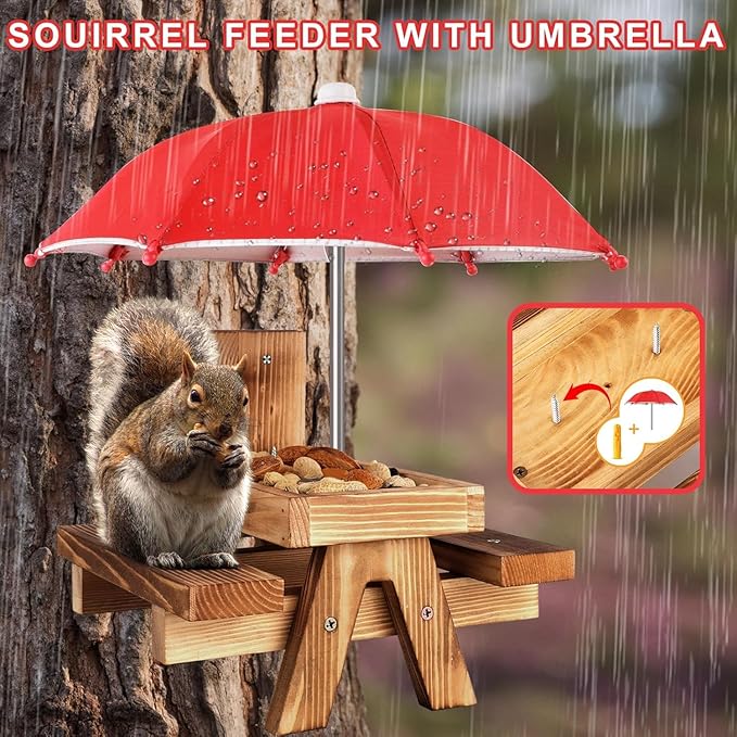Gnodary Squirrel Feeder with Umbrella, Squirrel Feeders for Outside, Squirrel Picnic Table Feeder - Chipmunk Feeder Hold Corn, Corn Cob, Peanuts (Bright-Red)