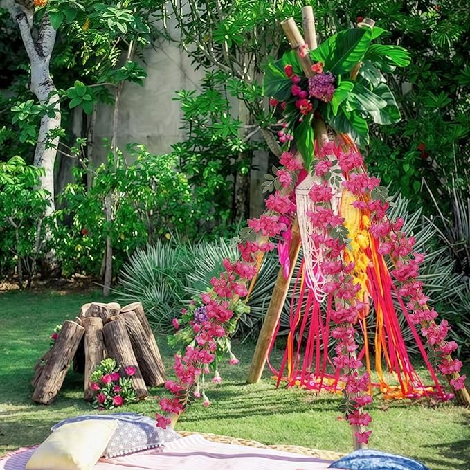 Fuchsia Bougainvillela Artificial Flower Garland 5.9FT Lush Bougainvillea Hot Pink Artificial Vine Flowers for Centerpieces Table Runner Wedding Arch Porches Patios Garden Decor (Hot Pink)