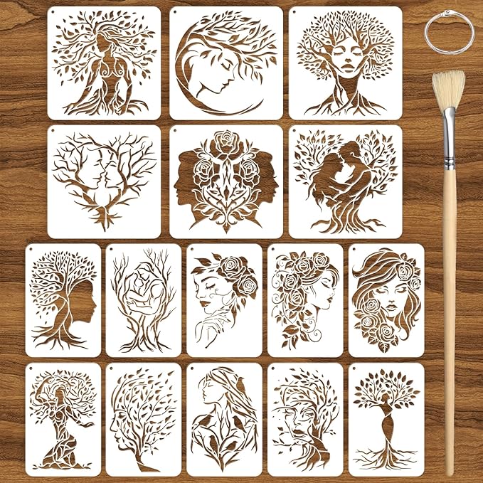 16PCS Large Woman Tree Stencils for Painting on Walls 12 x 12 Inch Giant Wall Stencil with Brushes and Binder Ring Branches Rose Flower Plastic Art Drawing Templates for Home Wall Decor