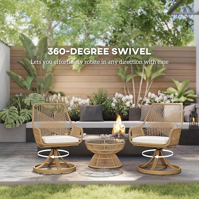 Outsunny Swivel Patio Chairs Set of 2, Rattan Outdoor Patio Dining Chairs with Soft Cushions and Metal Frame for Backyard, Lawn, Porch, or Garden, Khaki