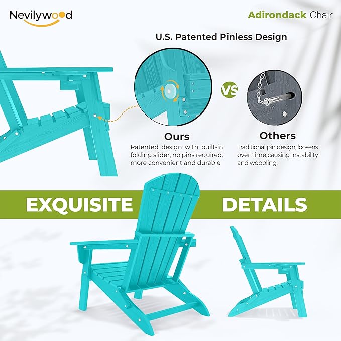 nevilywood Folding Adirondack Chair with Cup Holder Set of 4, HDPE Patio Chairs,All-Weather Outdoor Chairs for Backyard, Deck,Fire Pit-Aruba