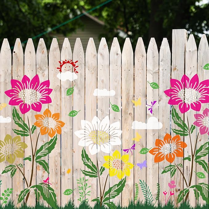 8 Pcs Large Flower Stencils for Painting With Fence,14 X 11 Inch Wall Stencils for Painting Large Pattern, Stencils for Crafts Reusable, Suitable for Outdoor Garden Walls, Furniture, Wall, Canvas, Etc