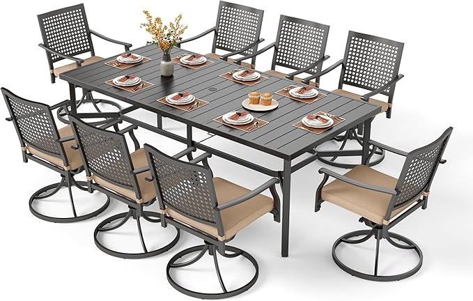 PHI VILLA 9 Pieces Outdoor Dining Set for 8, 83" Rectangular Metal Dining Table with Umbrella Hole & Swivel Wrought Iron Chairs with Cushions, Large Furniture Set for Patio, Deck, Yard, Porch