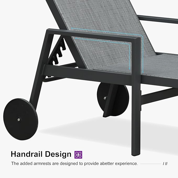 PURPLE LEAF 3 Pieces Outdoor Chaise Lounge Aluminum Patio Lounge Chair with Wheels and Armrests Outdoor Lounge Recliner Chair for Pool Backyard (2 Mixed Grey Lounges W/Side Table)