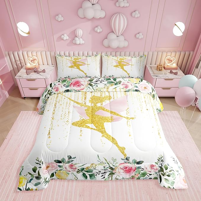Erosebridal Fairy Garden Twin Bedding Set,Cute Pink Floral Comforter Set for Girls Kids,Dreamy Sweet Fairy Comforter,Coquette Flower Girly Bedroom Room Decor,1 Pillowcase Breathable