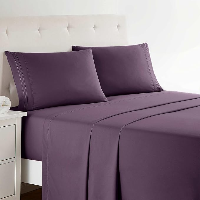 Clara Clark Bed Sheets, Premier 1800 Series 4 Piece Bed Sheet Set, Deep Pocket, Wrinkle, Fade, Stain Resistant, Luxury Soft Bedding Sheets & Pillowcases, California King, Purple Eggplant