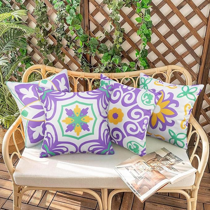 Pyonic Outdoor Pillows Waterproof Throw Pillow Covers Set of 4 Floral Printed and Boho Farmhouse Outdoor Pillow Covers for Patio Funiture Garden 18x18 Inch