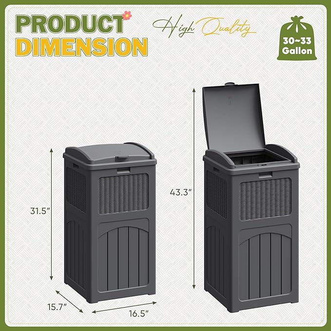 Greesum 33 Gallon Outdoor Trash Can with Lid, Waterproof Resin Garbage Bin for Hideaway, Deck, Patio, 2 Pack, Gray