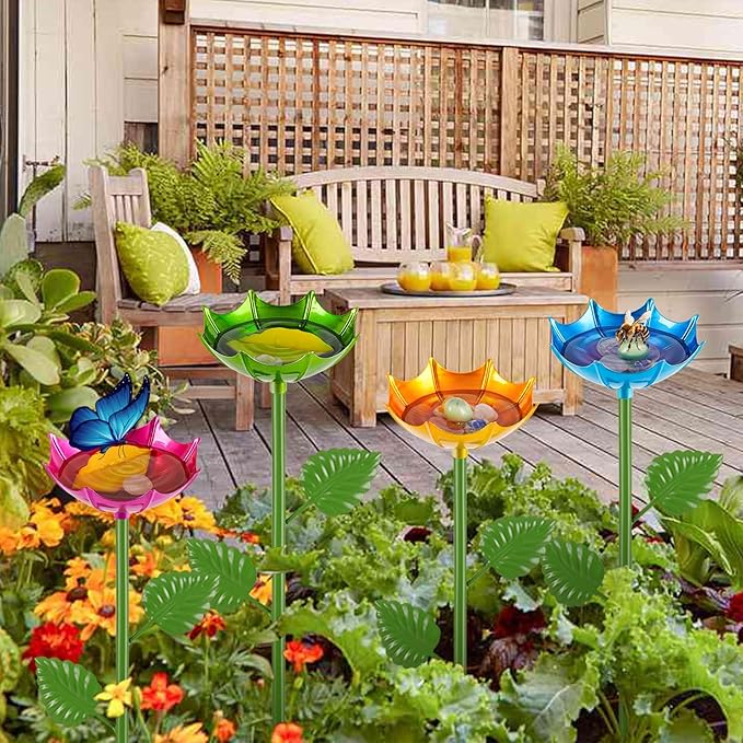 Bee Watering Station | 2 Pack Butterfly Feeder for Outside | Metal Decorative Garden Stakes | Bee Baths for Garden Yard Decor Umbrella Design (Blue,Yellow)