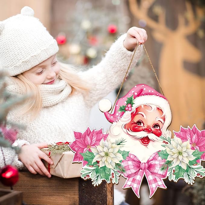 Whaline Christmas Wooden Hanging Sign Pink Xmas Santa Flower Welcome Wood Sign Vintage Santa Door Decor Signs for Indoor Outdoor Porch Wall