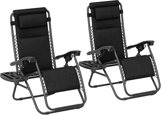 Outsunny Zero Gravity Chairs Set of 2, Reclining Folding Zero Gravity Lounge Chair, Outdoor Lounge Chairs with Cushion, Headrest, and Cup Phone Holder Tray for Patio, Beach, Black