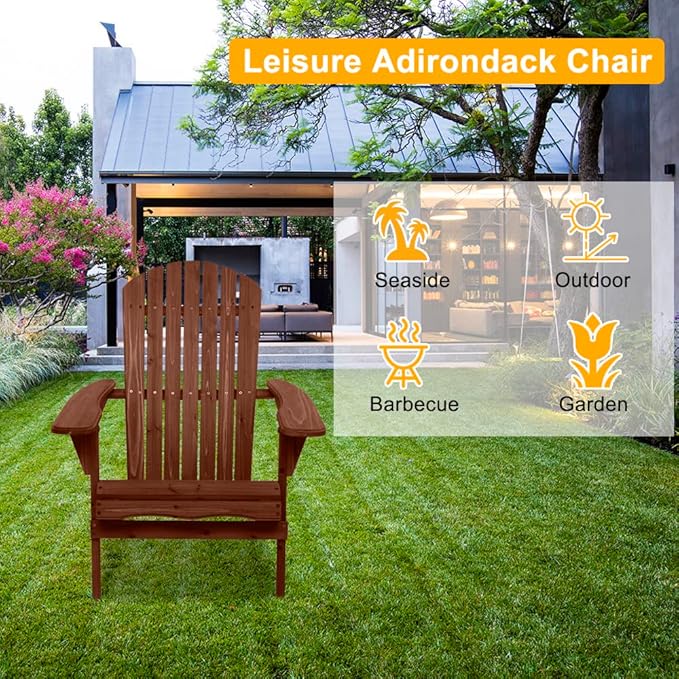 Outvita Wood Adirondack Chair, Folding Wooden Lounge Seating, All Weather Outdoor Furniture Chair with Armrest for Garden Fire Pit Yard Beach, 350 LB Support - Carbonized