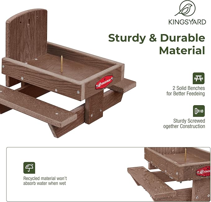 Kingsyard Squirrel Feeder Table for Outside, Recycled Plastic Squirrel & Chipmunk Picnic Table Feeder with Corn Cob Holder, 2 x Solid Structure Benches, Easy to Clean (Brown)