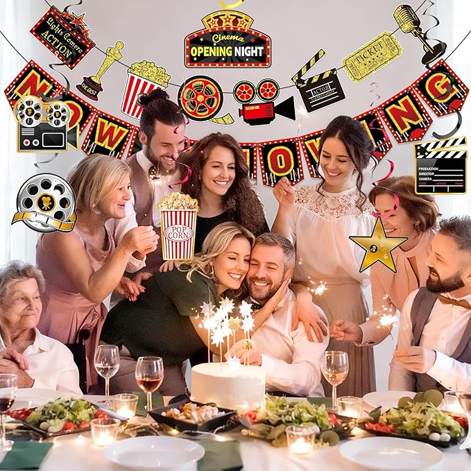 Movie Night Party Decorations Hanging, Movie Birthday Banners, Party Supplies Decor Decorations Decoration Banner Microphone Ticket for Theater Birthday Women Men The Kids' Boys Girls