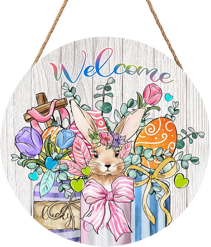 Welcome Easter Bunny Eggs Door Sign For Front Door Decor,Mason Jar Tulip Religious Cross Rabbit Carrot Wooden Sign 12"x 12" Round Easter Hanging Door Sign Decoration for Wall Rustic Decor