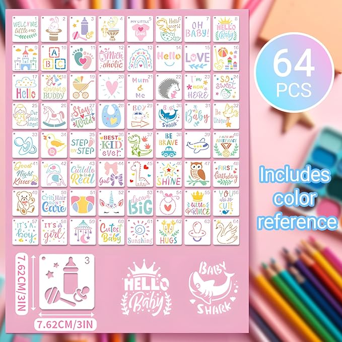Baby Shower Stencils for Painting, 64PCS 3x3 Inch Plastic Stencils for Crafts Reusable, with Animals, Stars, Moons & Baby Designs, for Nursery Decor, Baby Shower Gifts & Kids Room