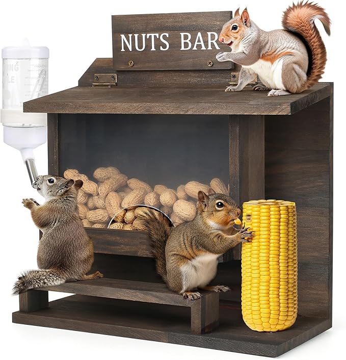 Squirrel Feeders for Outside, Large Carbonized Squirrel Feeder Chipmunk House, Funny Squrrill Nuts Bar, Durable Wooden Squirrel Corn Cob Feeder, No Assembly Required