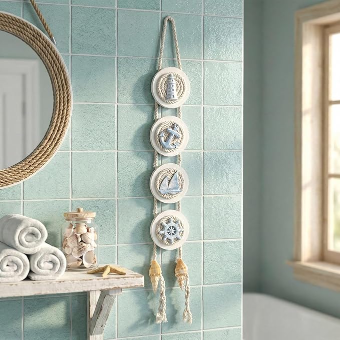 flangairy Coastal Wall Decor, 3D Lighthouse Anchor Seashell Sailboat Ship Wheel Beach Conch Wall Hanging Art, Nautical Ocean Beachy Themed Room Bathroom Decorations for Home