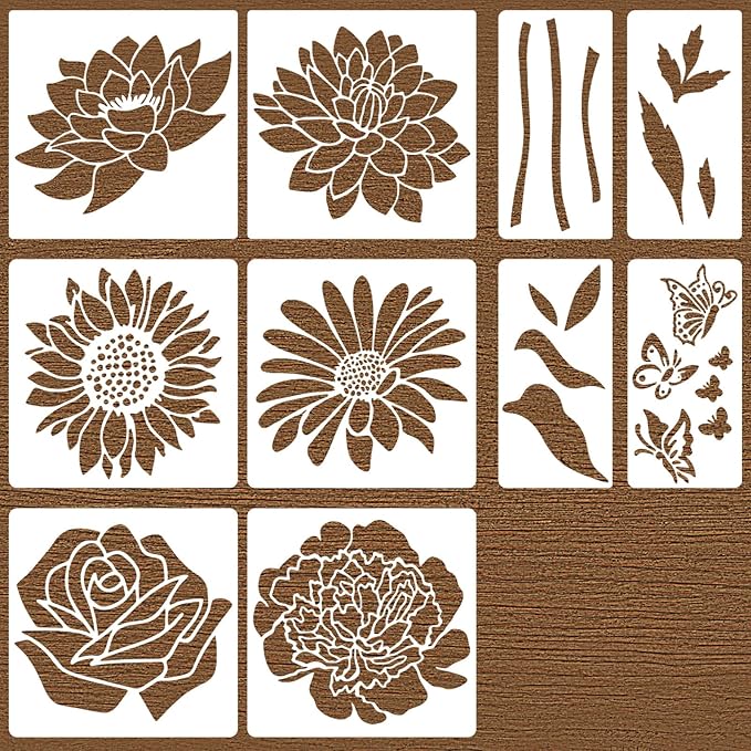 Large Flower Stencils 10 Pieces for Painting on Giant Walls, Reusable Stencil Templates, Large Rose Daisy Sunflower Peony Stencils for Paint on Garden Wood Fence Furniture