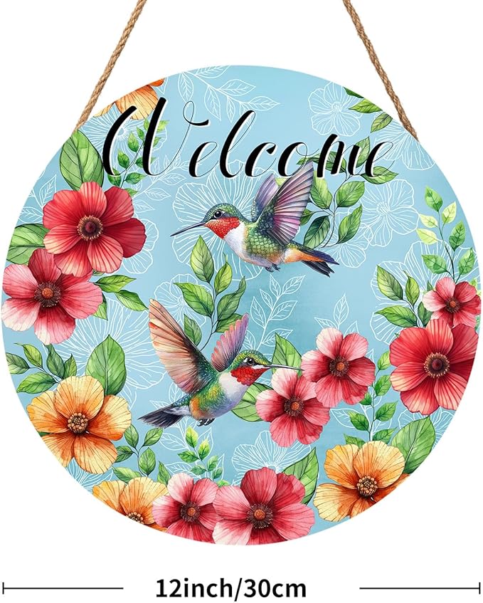Welcome Spring Hummingbird Door Sign For Front Door Decor,Spring Summer Red Yellow Flower Leaves Wooden Sign 12"x 12" Round Seasonal Hanging Door Sign Decoration for Rustic Decor