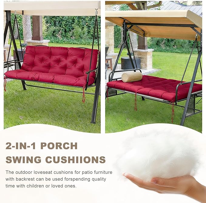 Porch Swing Cushion with Backrest,Waterproof Bench Cushion for Outdoor Furniture,2-3 Seater Replacement Thickened Swing Cushion with Ties,Patio,Outdoor,Backyard and Garden (Wine Red,40x40)