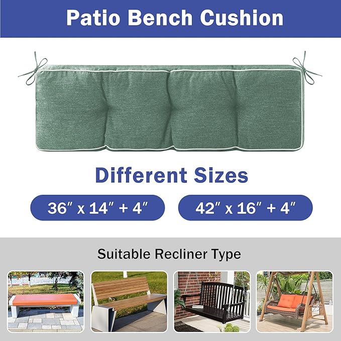 Bench Cushion, 36 x 14 Inch Patio Furniture Cushions with Durable Ties, Soft Memory Foam Bench Cushions for Indoor/Outdoor Furniture with Non-Slip Bottom, Kitchen&Dining, Green