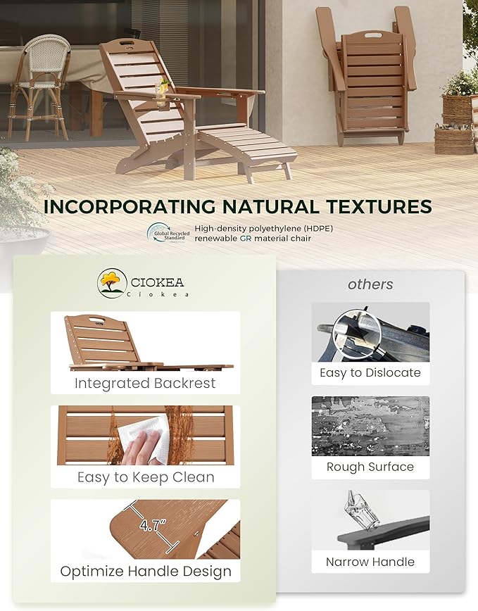 Ciokea Folding Adirondack Chair Set of 4 with Retractable Ottoman Fire Pit Patio Chair with Pull Out Foot Rest Weather Resistant Lawn Outdoor Chair with 2 Cup Holder (Teak)