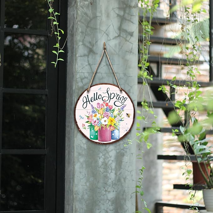 Spring Hanging Decor For Front Door, Mason Jar Flowers Welcome Spring Round Sign Decor For Farmhouse Home Yard Porch, Hello Spring Decorations, Spring Wall Plaque Gifts For Friends Family -03