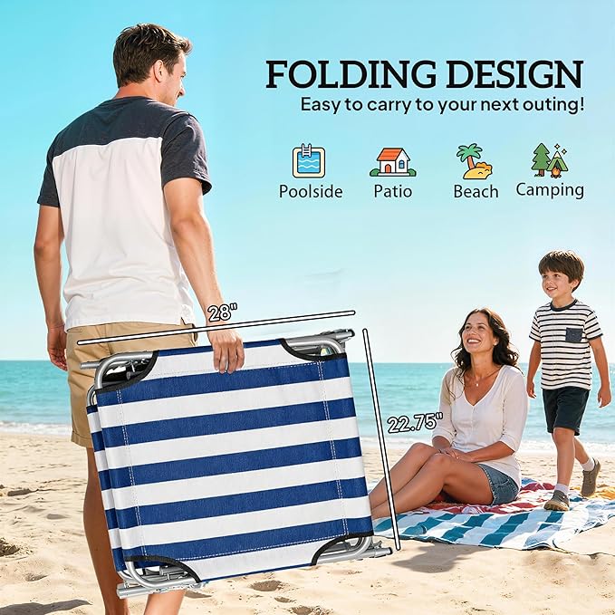 Outsunny Outdoor Lounge Chair, Adjustable Folding Chaise Lounge, Tanning Chair with Sun Shade for Beach, Camping, Hiking, Backyard, Blue and White