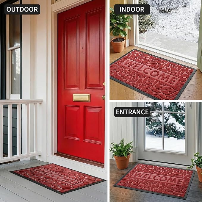 Yimobra Welcome Mat Outdoor 29.5x17, Waterproof Non-Slip Outdoor Mats for Front Door Outside Entrance, Low-Profile Entryway Mat Indoor for Garage Patio, Wine Red