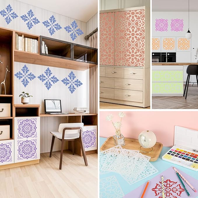 16 Pcs (6 x 6 Inch) Reusable Stencils, Mandala Stencils for Painting DIY Art Scrapbook Fabric Furniture on Wood Floor Wall Tile Easter Decor