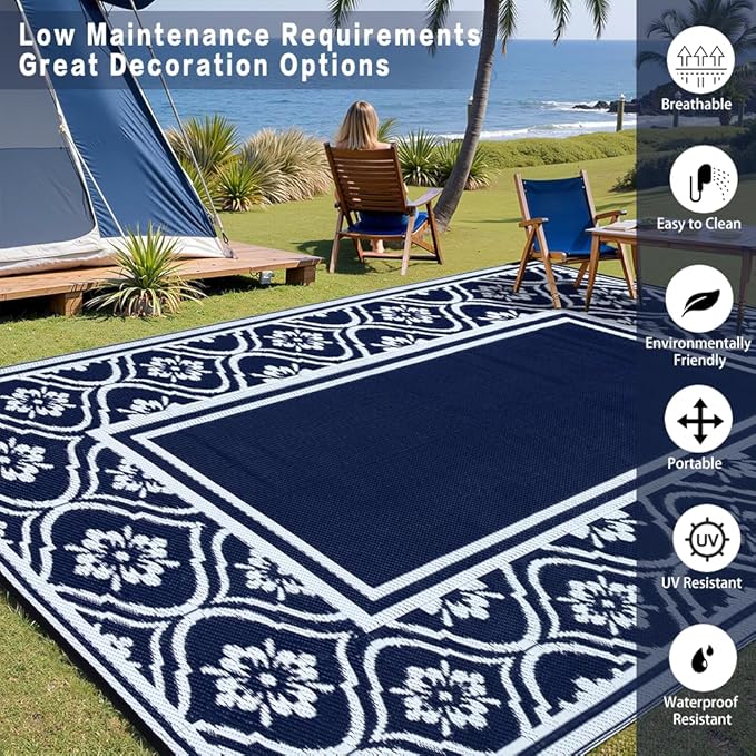 HUGEAR Patio Rug 10'x14' Waterproof Outside Area Rugs Reversible Blue Outdoor Plastic Straw Carpet for RV Deck Camping Entryance Porch Picnic Balcony Beach
