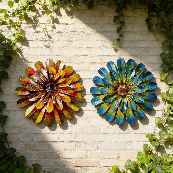 HOOEN 2pack Metal Flowers Wall Decor Wall Art Decorations Hanging For Indoor Outdoor Home Garden Farmhouse Yard Patio Fence Living Room Bedroom Decor