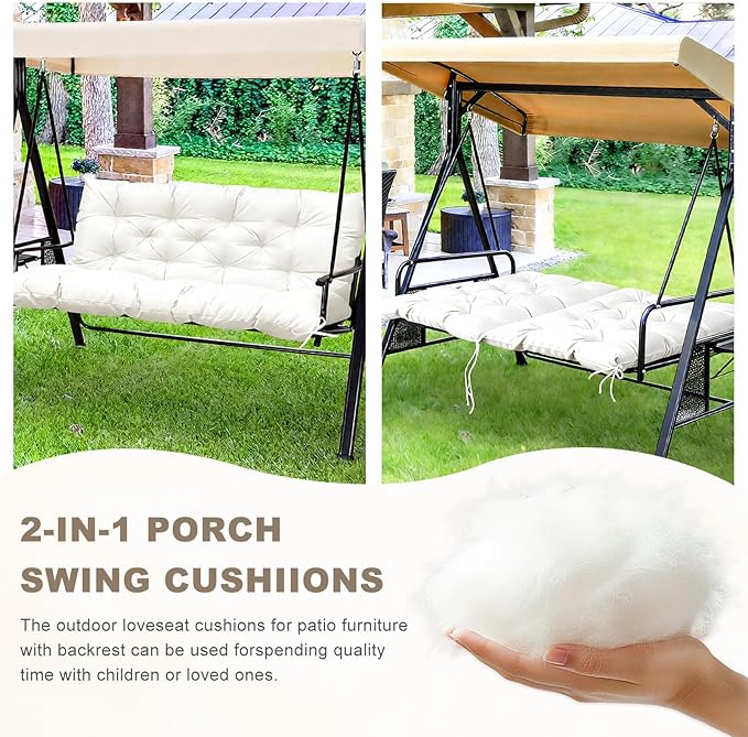 Porch Swing Cushion with Backrest,Waterproof Bench Cushion for Outdoor Furniture,2-3 Seater Replacement Thickened Swing Cushion with Ties,Patio,Outdoor,Backyard and Garden (Cream,47x40)