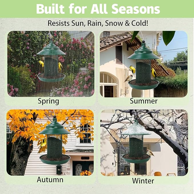 Finch Feeder - All-Metal Squirrel Proof Thistle Nyjer Seed Bird Feeder for Outdoors, 2.5LB Capacity, Powder-Coated Rust Resistant Mesh Design for Goldfinches & Small Birds Green