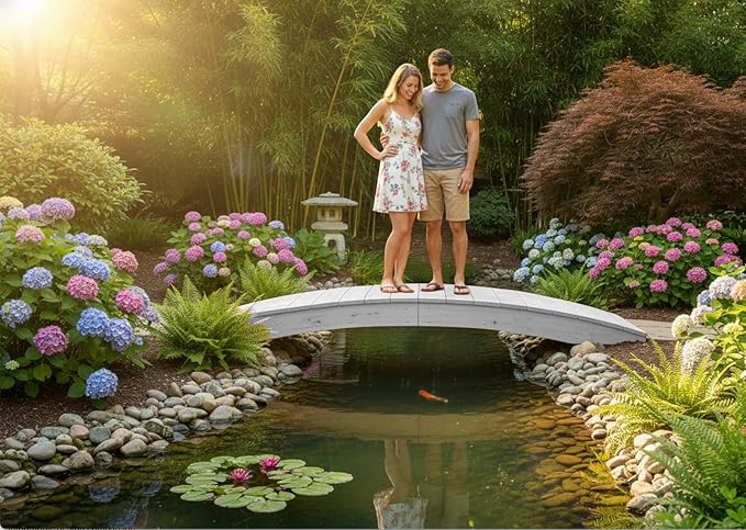 8 FT White Amish Made Pinewood Heavy Duty Garden Bridge for Walkway, Backyard Pond & Landscaping, Outdoor Wooden Footbridge for Koi Pond, Japanese Style Decorative Bridge, Made in USA