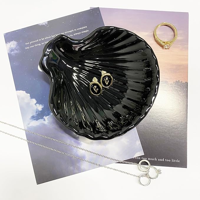 Shell Shape Ring Holder Dish, Seashell Jewelry Dish Tray, Ceramic Trinket Tray for Rings Earrings Necklaces Bracelet, Birthday Mother's Day Christmas Gift for Mom Friend Sister, 3.9", Black