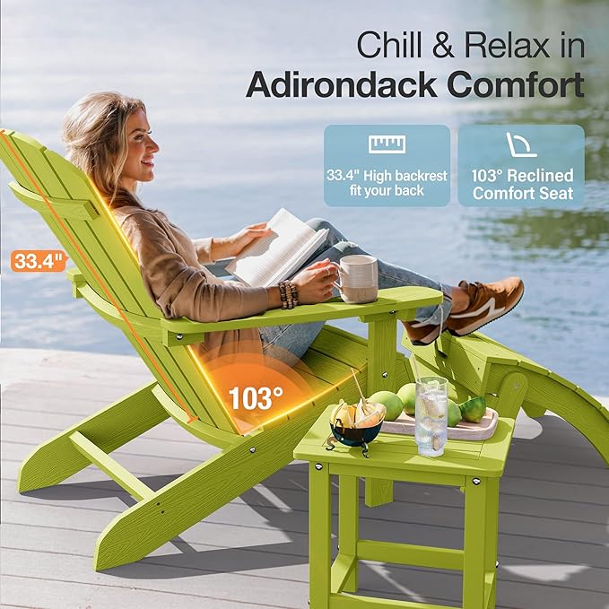 YEFU Adirondack Chairs Set of 8: Plastic Adirondack Chairs - Patio Chairs with Wood Texture - Outdoor Chair HIPS - Lawn Fire Pit Deck Porch Garden Chairs for Adults(Kelly Green)