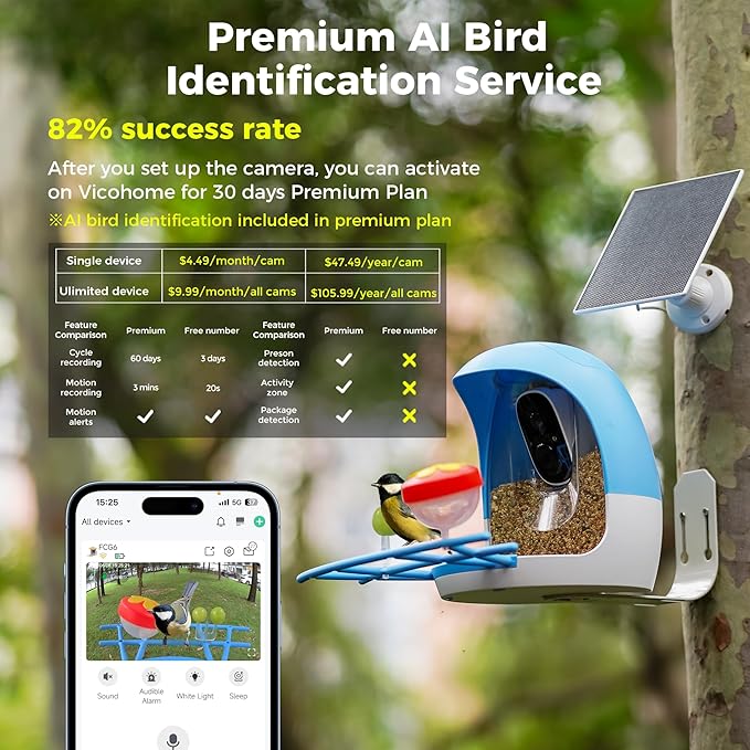 Sovmiku FCG6 AI Bird Feeder with 2K Solar Camera Squirrel Feeder Bird Identify Hummingbird attractant Motion Detection Real Time Views and Notifications SD Slot Ideal Gift for Bird Lovers for Parent