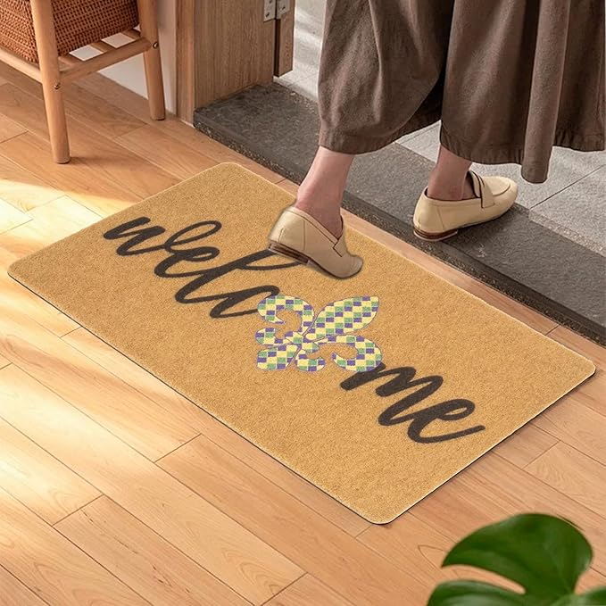 Mardi-Gras-Welcome-Doormat Outdoor-Entrance Fleur-De-Lis Door Mat Non Slip Coir Holiday Mats for Carnival Home Decor