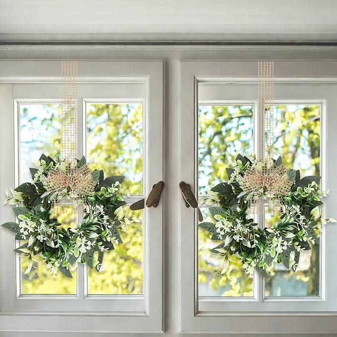6 PCS Small Eucalyptus Leaves Cabinet Wreath Artificial Mini Spring Summer Greenery Kitchen Wreaths Vintage Swags Wreath with Retro Burlap Ribbon for Farmhouse Rustic Home Door Wedding Wall Decor