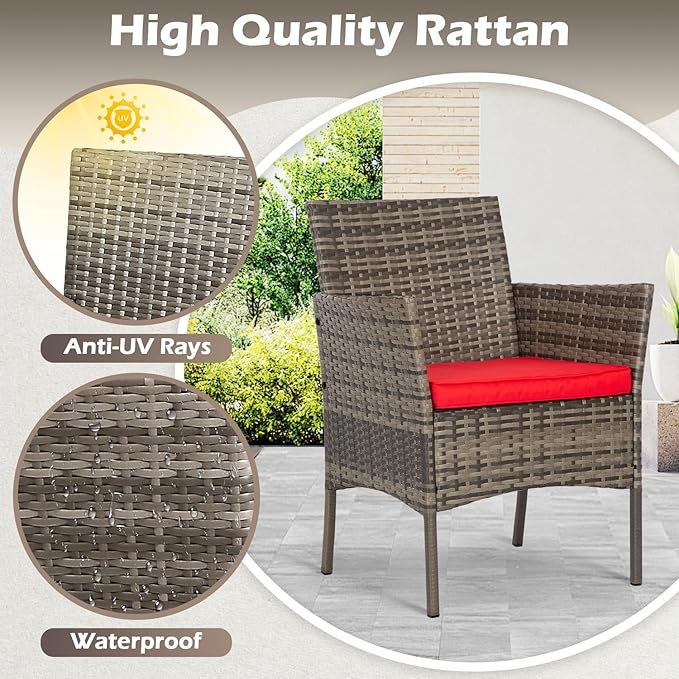 FDW | 4-Piece Patio Furniture Set | Gray & Red |Outdoor Wicker Furniture with Coffee Table | Modern Rattan Chairs Conversation Set | Outdoor Seating | Weather-Resistant | for Porch, Garden, Lawn