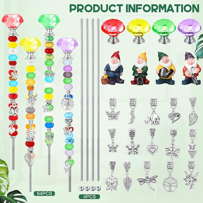 95 Pcs Gnome Garden Stakes Fairy Wand Garden DIY Beaded Stakes Decor 4 Crystal Stopper Top 4 Gnome 64 Large Hole Beads 15 Silver Pendants 4 Threaded Rods 4 Pcs Nuts, for Craft Supply