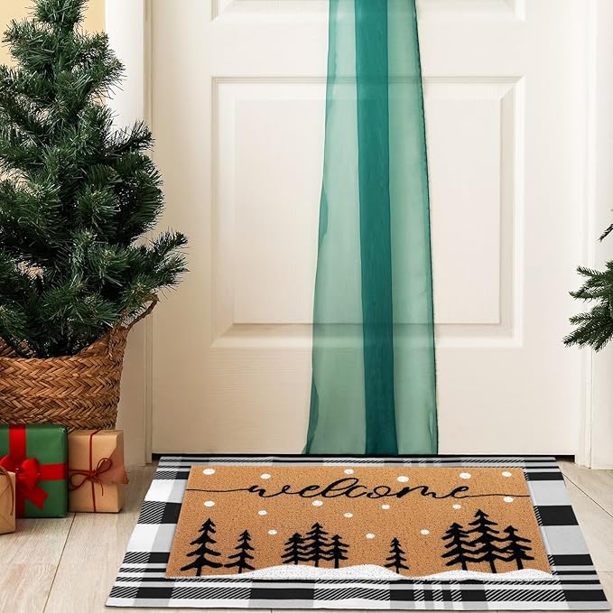 Tinideya 2 Pcs Winter Door Mat Christmas Welcome Non Slip Coir Mats Floor Layering Christmas Tree Snowy Black White Buffalo Plaid Doormats Seasonal for Front Porch Entryway Decor(Snowy Tree)